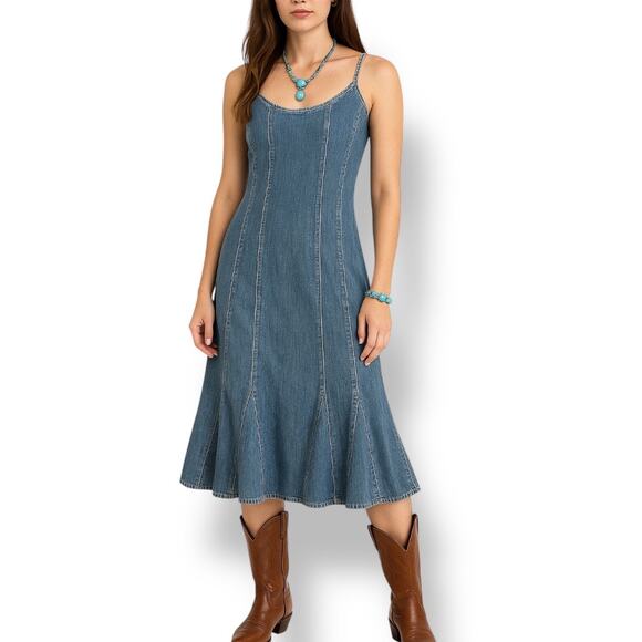 Vintage Y2K Lauren Jeans Co Denim Trumpet Hem Strapless Jean Dress Flared Fit - Picture 1 of 9